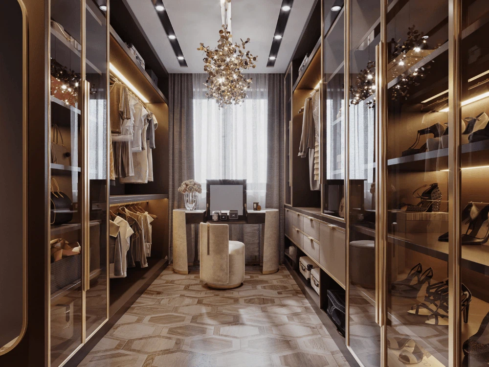 Luxury glass walk in wardrobe with modern chandelier and open shelves Luxury glass walk in wardrobe with modern chandelier and open shelves