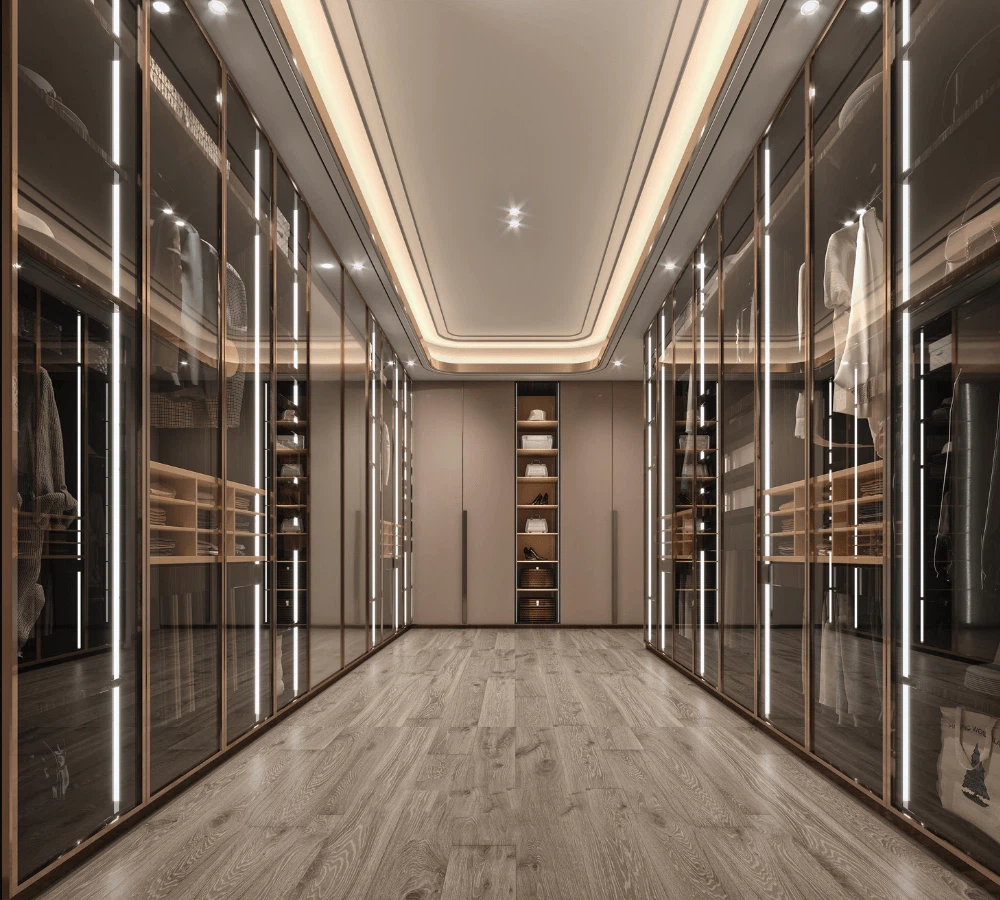 Luxury glass walk in wardrobe with LED lighting and wooden floor Luxury glass walk in wardrobe with LED lighting and wooden floor