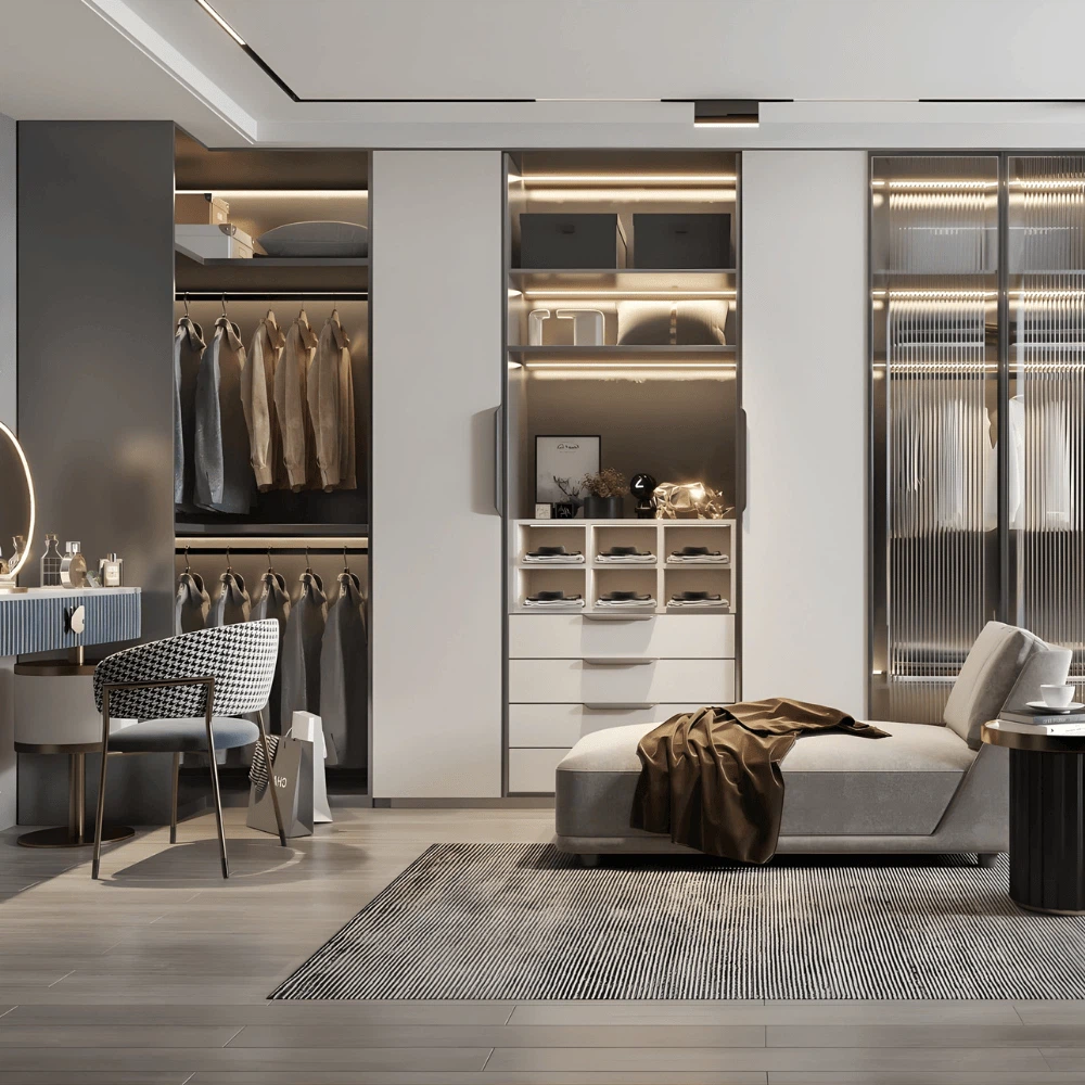 Modern glass wardrobe with LED lighting and open shelving in a contemporary bedroom design. Modern glass wardrobe with LED lighting and open shelving in a contemporary bedroom design.
