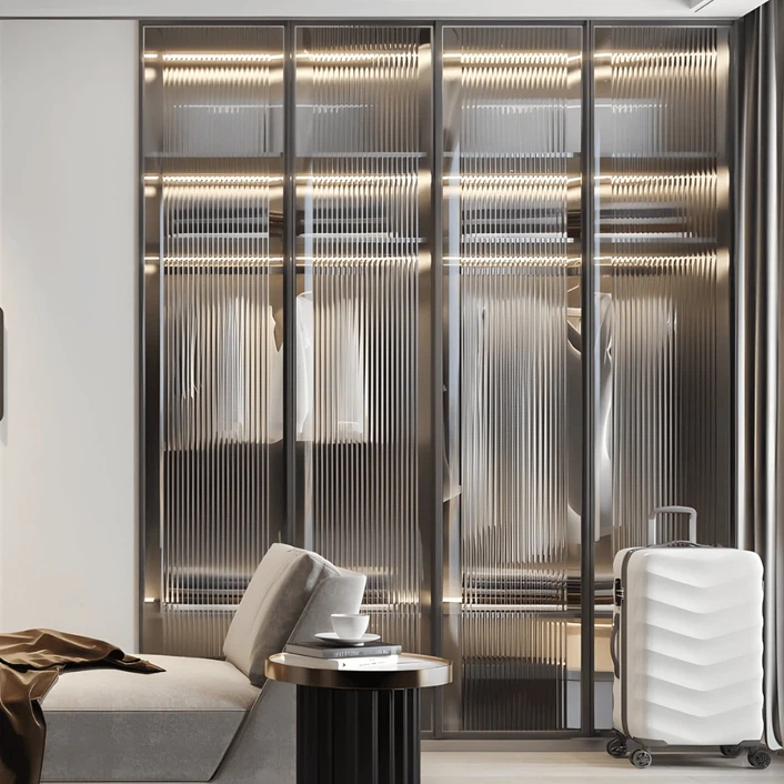 Close-up view of fluted glass wardrobe doors with metallic frame and hanging clothes illuminated inside. Close-up view of fluted glass wardrobe doors with metallic frame and hanging clothes illuminated inside.