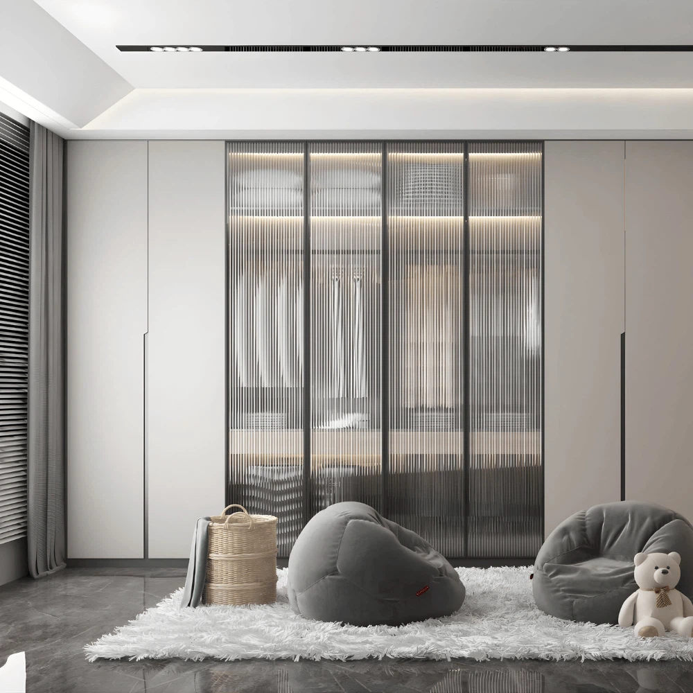 Full-height glass wardrobe design in a modern bedroom with soft gray bean chairs and cozy rug. Full-height glass wardrobe design in a modern bedroom with soft gray bean chairs and cozy rug.