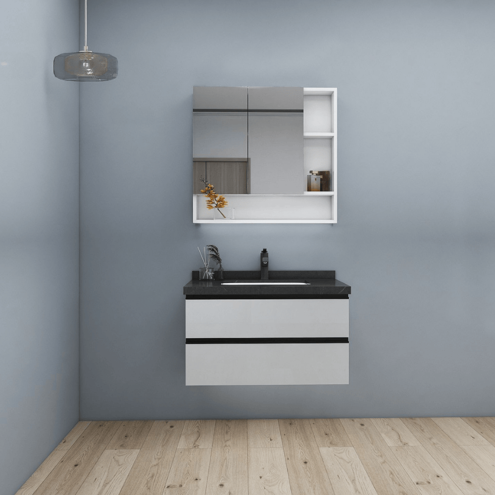 Floating bathroom vanity with integrated basin and mirror cabinet, sleek black and white finish. Floating bathroom vanity with integrated basin and mirror cabinet, sleek black and white finish.