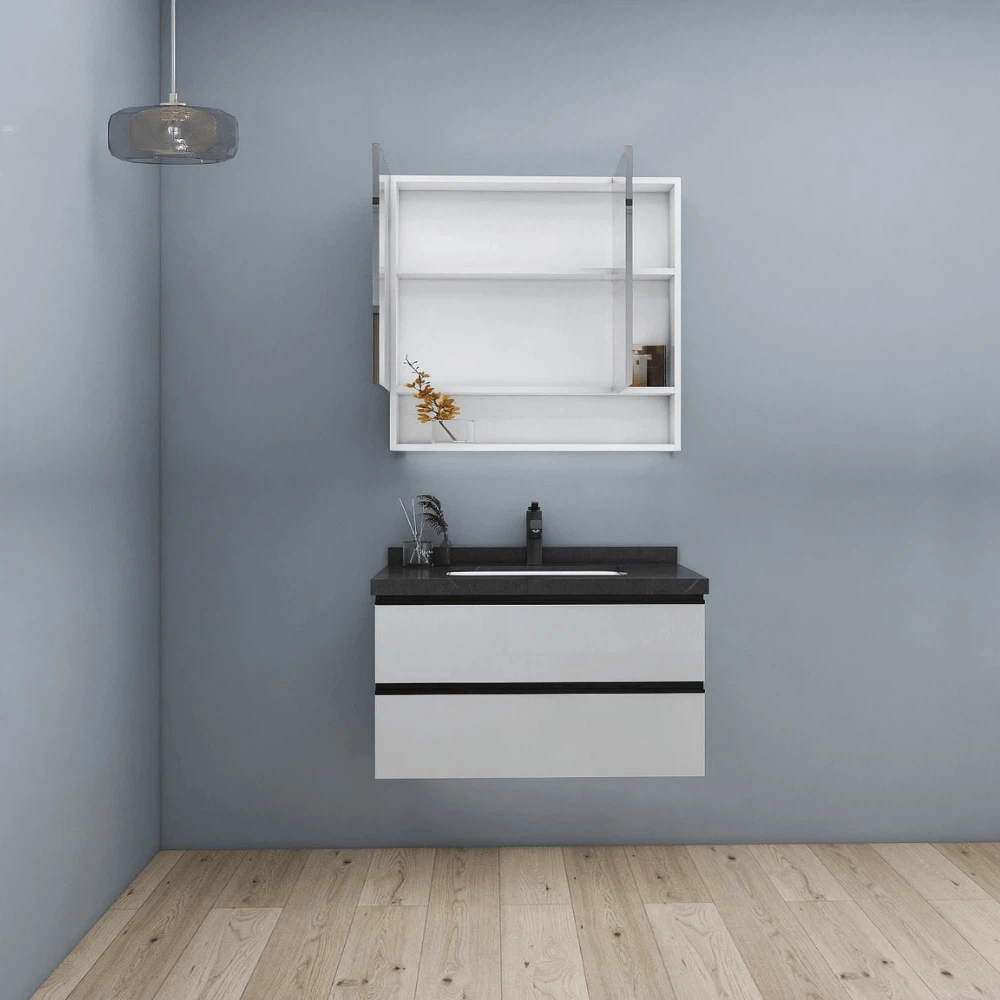 Minimalist bathroom vanity showing open mirror cabinet storage shelves and compact basin top. Minimalist bathroom vanity showing open mirror cabinet storage shelves and compact basin top.