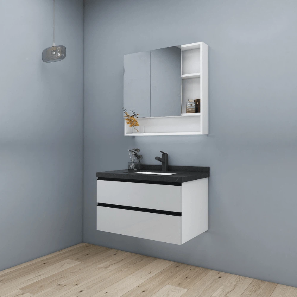 Side angle view of modern compact vanity with glossy white drawers and matte black countertop. Side angle view of modern compact vanity with glossy white drawers and matte black countertop.