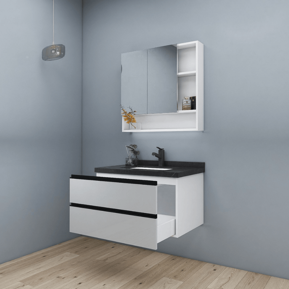 Contemporary bathroom vanity with drawer opened, wall hung cabinet with smart storage design. Contemporary bathroom vanity with drawer opened, wall hung cabinet with smart storage design.