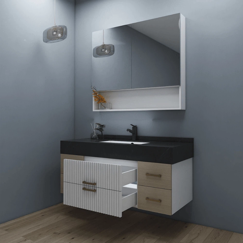 Modern vanity with open drawers showing storage design and soft-close function. Modern vanity with open drawers showing storage design and soft-close function.